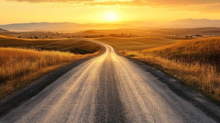 Golden sunset over rural road. Wide open country road at golden sunset. Possible use Inspirational landscape photograph