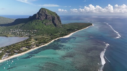 Aerial view of Le Morne Peninsula and sea lagoon formed by coral reefs, Mauritius Island, Africa, Indian Ocean	