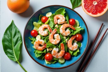 Delicious shrimp salad with fresh greens, cherry tomatoes, and cucumber.  Healthy and appetizing seafood meal.
