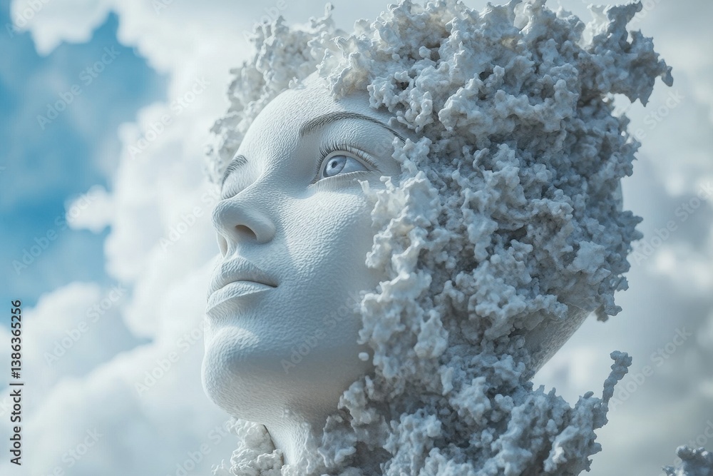 Aufkleber conceptual art piece depicting a human face composed of clouds and water, raised question mark symbo