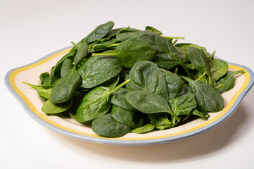 Fresh green baby Spinach leaves, diet and health concept, weight loss, washed spinach on ceramic plate