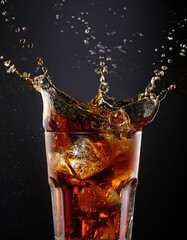 Refreshing cola splash with ice in glass against black background