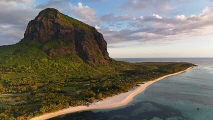 Aerial view of Le Morne Peninsula and sea lagoon formed by coral reefs, Mauritius Island, Africa, Indian Ocean	