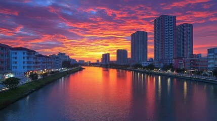 Fototapeta premium Fiery Sunset Over City Canal