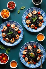 Overhead shot of three plates of black spaghetti with shrimp and cherry tomatoes.  Blue and white patterned plates on teal background.