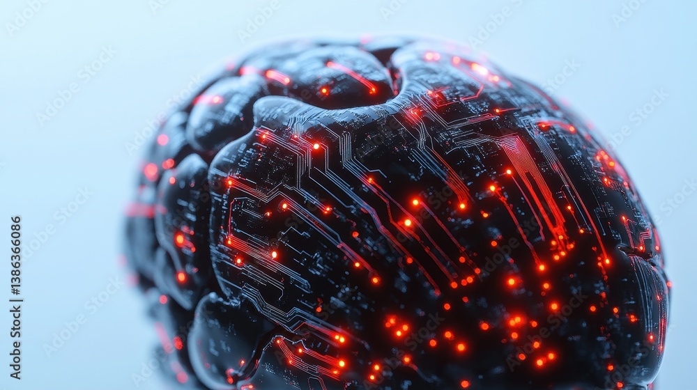 Poster futuristic representation of a brain with intricate circuitry and glowing elements showcasing the fu