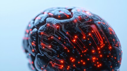 Futuristic representation of a brain with intricate circuitry and glowing elements showcasing the fusion of technology and human cognition