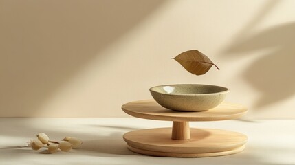 Minimalist still life, floating leaf, ceramic bowl, wooden stand, natural light