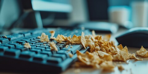 Messy Desk with Various Crumbs on the Keyboard A Typical Work from Home Environment