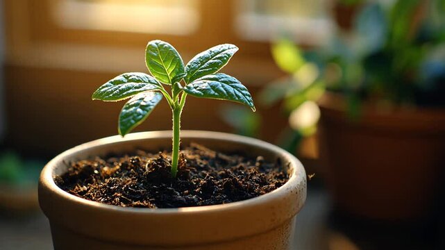 Young sprout in terracotta pot, sunlit indoor garden, growth, hope
