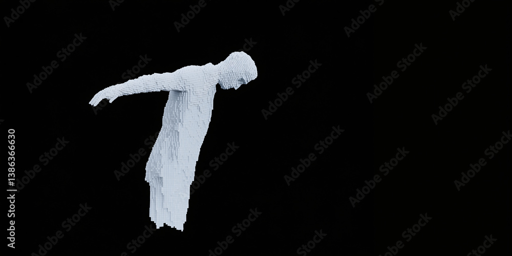 Poster frozen motion in black space: a dynamic scene of a person, mid-action, coated in a shimmering layer 