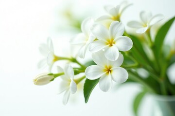 Fototapeta premium White flowers with small green leaves isolated on white, petals, small green leaves