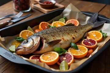 Close-up of a baked whole fish with citrus fruits and herbs in a baking pan.