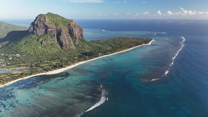 Aerial view of Le Morne Peninsula and sea lagoon formed by coral reefs, Mauritius Island, Africa, Indian Ocean	