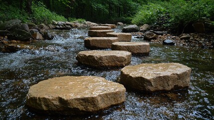 Stepping Stones Across a Serene Stream in a Lush Forest