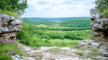 Panoramic view from a rocky outcrop, showcasing a lush valley