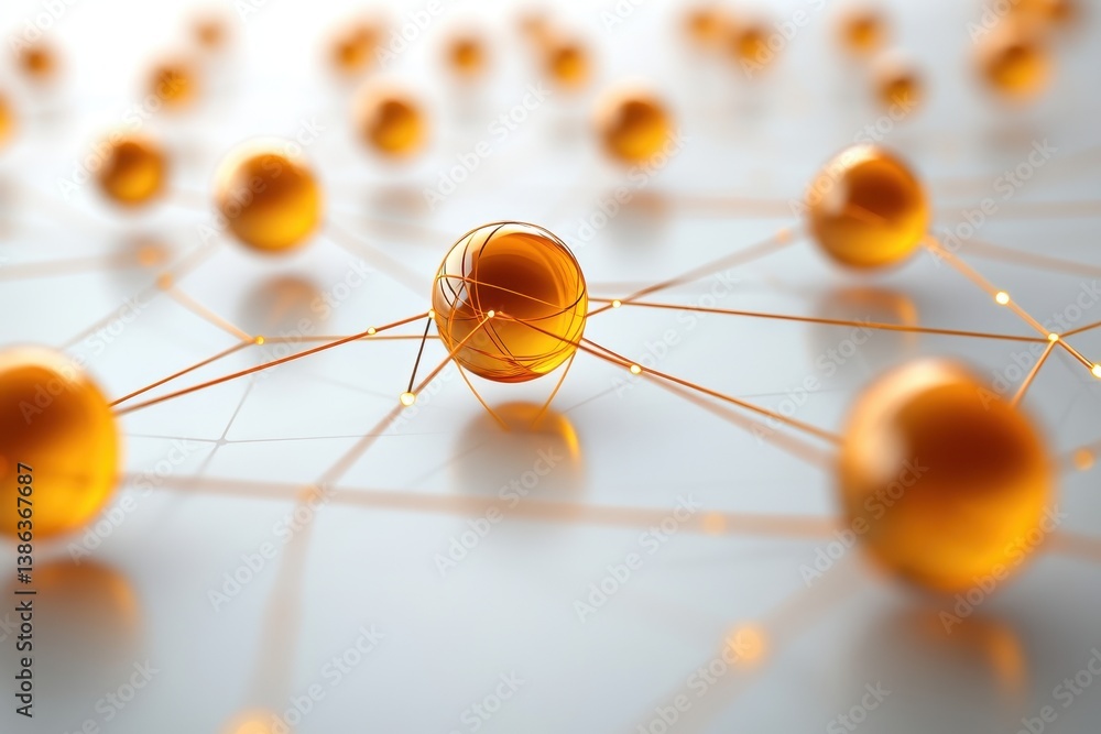 Poster network of interconnected golden spheres demonstrating complex relationships in a modern digital env
