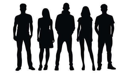 Silhouettes of four young adults standing together casual group of friends black and white image