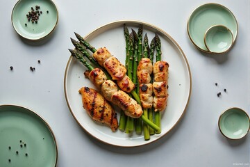 Overhead shot of grilled chicken wrapped around asparagus spears served on a plate with peppercorns.