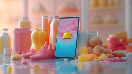Fototapeta premium Smartphone Displaying Vibrant Colors Amidst a Candy and Beverage Wonderland