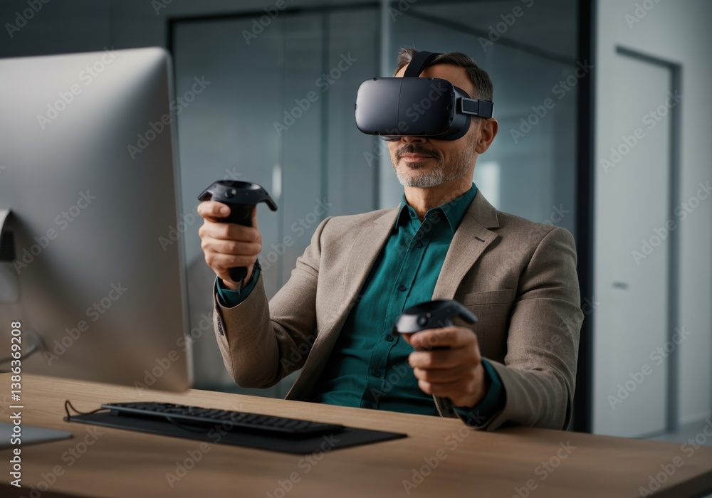 Poster man using virtual reality headset and controllers in a modern office