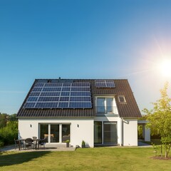Fototapeta premium solar panels on the roof of a residential house with an on-grid solar system on a sunny day, with a backyard in front of the house containing a table for socializing and a beautiful garden with trees 