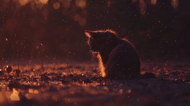 Sunset Cat Outdoors Meadow Silhouette Rain