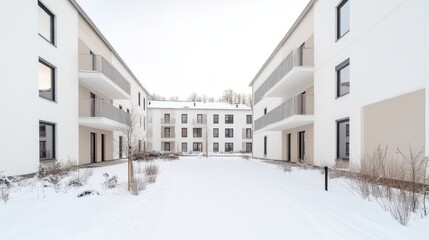 Two modern apartment buildings, featuring clean lines and balconies, are shown in a snowy courtyard. The buildings are primarily white with beige accents. The image is high-quality, with crisp detai