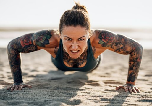 Determined woman performing push-ups on the beach, showcasing strength and focus