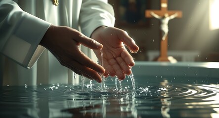 Sacred Rite: A close-up captures the solemn act of water sprinkling, as hands delicately interact with the clear water.