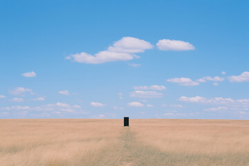 Fototapeta premium Minimalist Structure in Open Space: A solitary architectural structure stands starkly against a vast landscape of golden grasses and a bright, clear blue sky with delicate clouds.