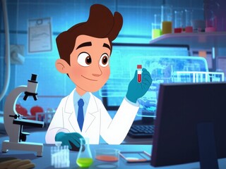 Cartoon scientist analyzes blood vial in lab research setting background details microscope equipment