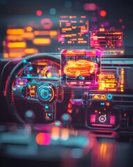 Cybernetic Car Cockpit: A futuristic car interior pulsates with vibrant digital displays, hinting at autonomous driving and advanced technology. The scene is an exciting portrayal of innovation.
