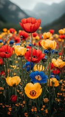 Fototapeta premium Vibrant Wildflower Meadow with Mountain Backdrop