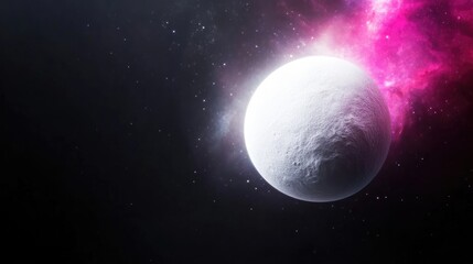 Obraz premium A realistic 3D render of a glowing white planet surrounded by a vibrant pink and magenta nebula in deep space with distant stars.