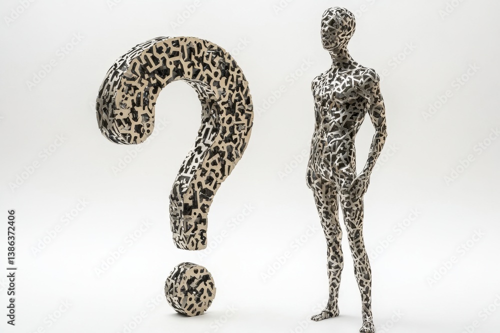 Fototapete Human figure made of dynamic materials stands confidently beside a large question mark in an abstract setting during an artistic display