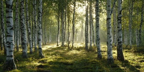 Obraz premium a grove of white birch trees lit by sunlight in a forest 