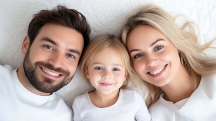 Fototapeta premium Happy family portrait, top view. A loving couple and their daughter are smiling and looking directly at the camera, lying on a bed