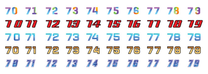 collection of numbers 70 to 79 with various models and colors on a white background