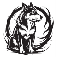 Stylized Black and White Husky Dog Illustration with Tribal Circle Design