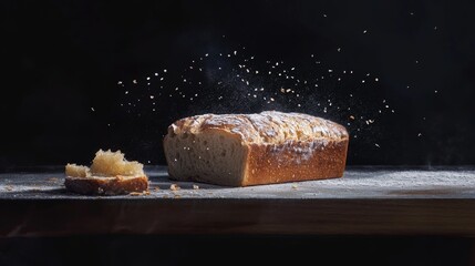 Fototapeta premium Freshly baked loaf with sprinkled crumbs on rustic wooden table