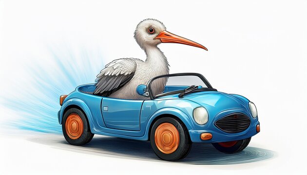 Niedlicher kleiner Storch in einem blauen Auto