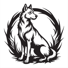 Stylized Black and White Husky Dog Illustration with Tribal Circle Design