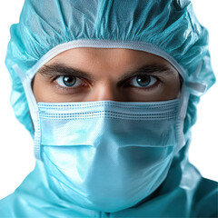 Doctors intense gaze through surgical mask and cap isolated on transparent background