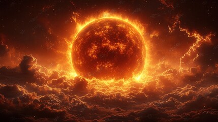 Obraz premium Fiery sun rising through clouds, cosmic background, space fantasy art