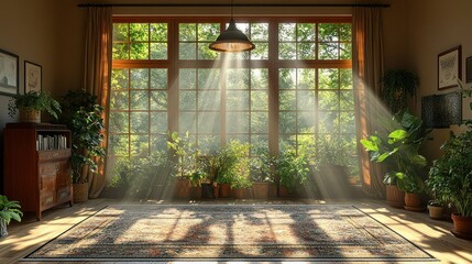 Sunlit Interior: Serene Room with Lush Greenery and Sunlight Streaming Through Large Windows