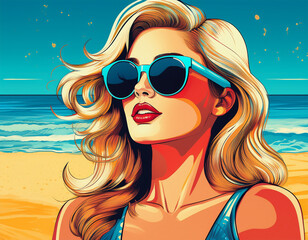 Attractive Woman With Sun Glasses At The Beach, Retro Pop Art Style