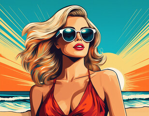 Attractive Woman With Sun Glasses At The Beach, Retro Pop Art Style