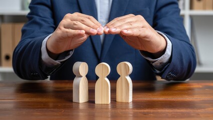Businessman covering wooden figures of people. Employer commitment to protecting the human rights, labor rights, and providing support and insurance to employees within the community.