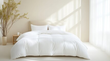 White Down Comforter Pillows and sheets Minimalist Style Natural soft light Full bed view Luxurious texture Peaceful sleep Sunlight backdrop Bright airy mood Ideal for bedding ads